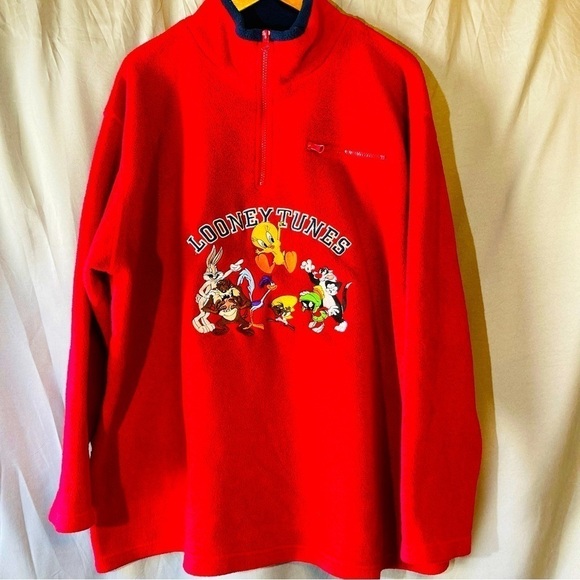 Vintage Looney Tunes Warner Bros Studios Red Fleece Pullover 1/4 Zip - Picture 1 of 6